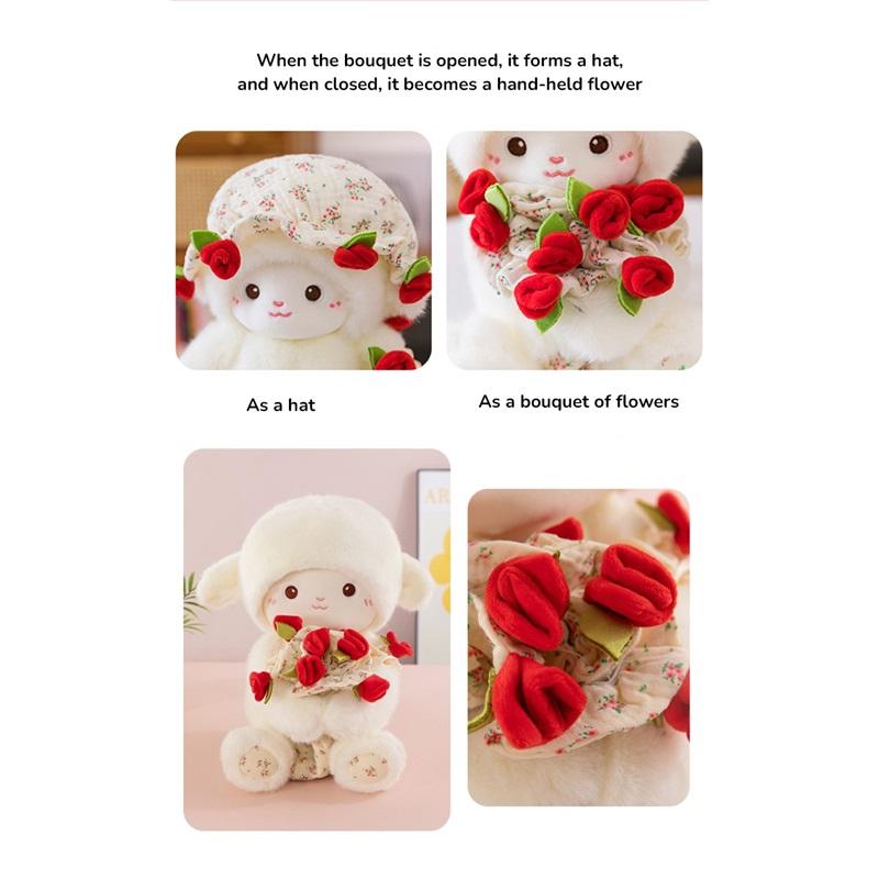 Rose Bouquet Sheep Doll with Hand Magnetic Soft Animal Plush Small Anime Hugging Lamb Doll Birthday Girls Valentine Gift