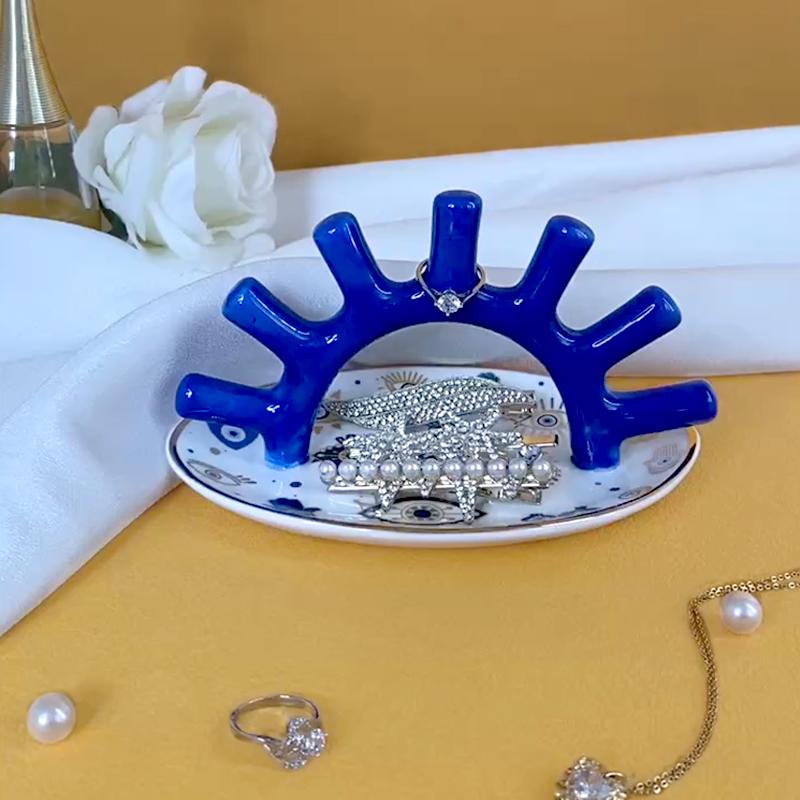 Multifunctional Ring Display Rack Earring Necklace Jewelry Storage Organizer Evil Eyes Ceramics Storage Tray Makeup Table Decor