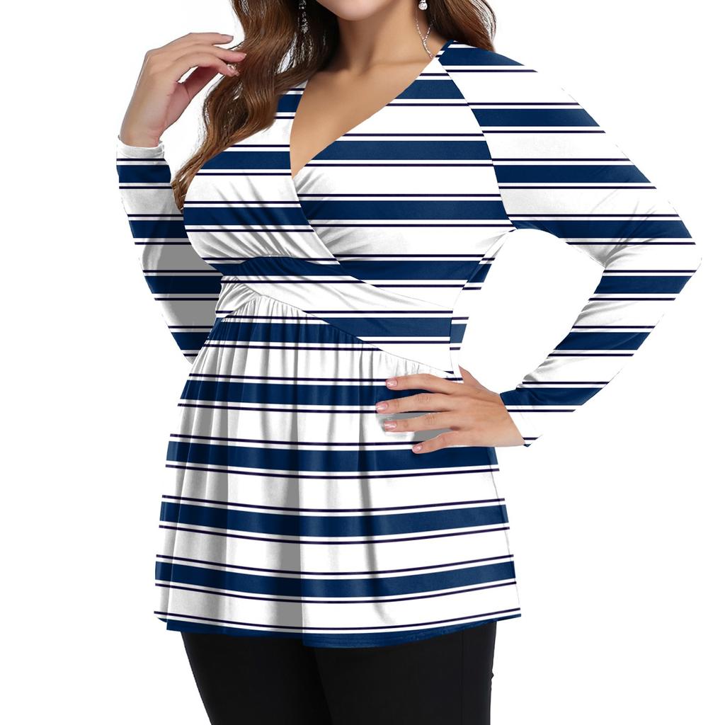 Women's Plus Size Shirt Long Sleeve  Print Top Pleated Casual V-Neck Top