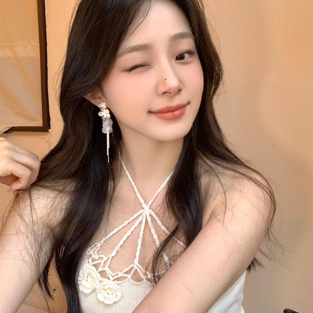 Super flash zircon flower shell fringed earrings women's seaside vacation wind stud earrings are beautiful ears