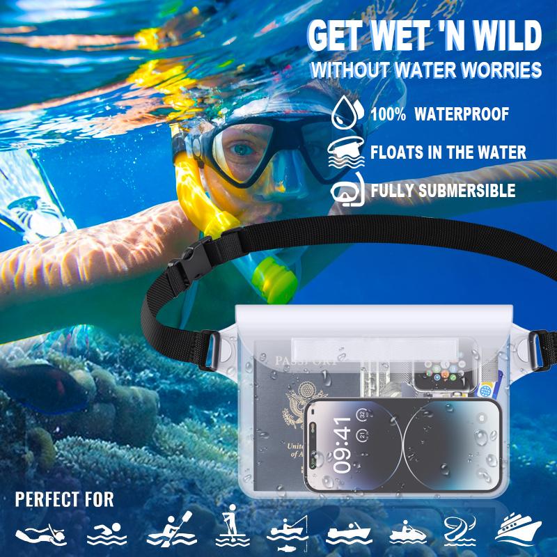 2 PACK Waterproof Waist Phone Bag Large Capacity Swimming Storage Pouch Clear Belt Waist Pack