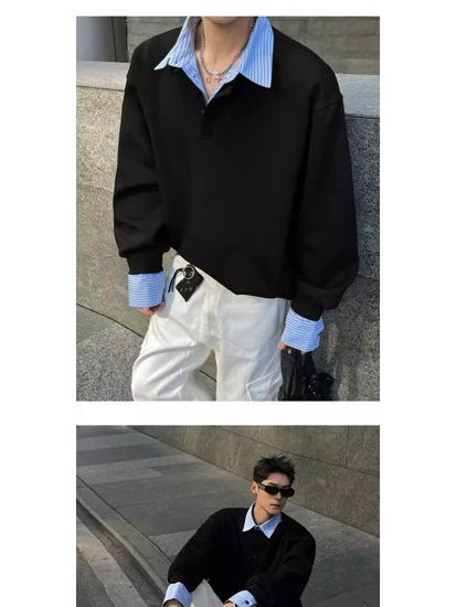 Herren Herbst Gestreiftes Patchwork Sweatshirt - Fake Zweiteiliger Kragen Langarm Streetwear Oberteil
