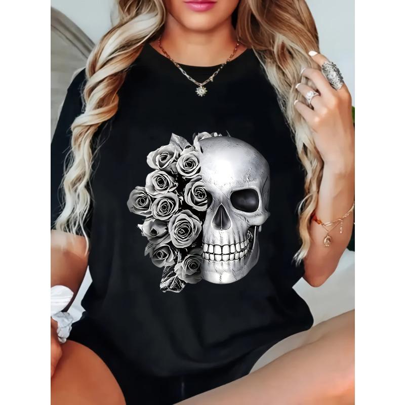 

Women Casual Round Neck T Shirt Black Skull and Roses Print Fashion Top Daily Wear Street Style Outfit XXXXL чёрный