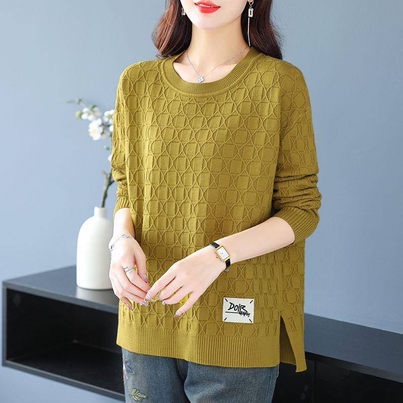Spring and Autumn Women's Plus Size Knit Sweater Thin Loose Crew Neck Pullover Knitwear Short Slit Stretch Knit Top Jumper