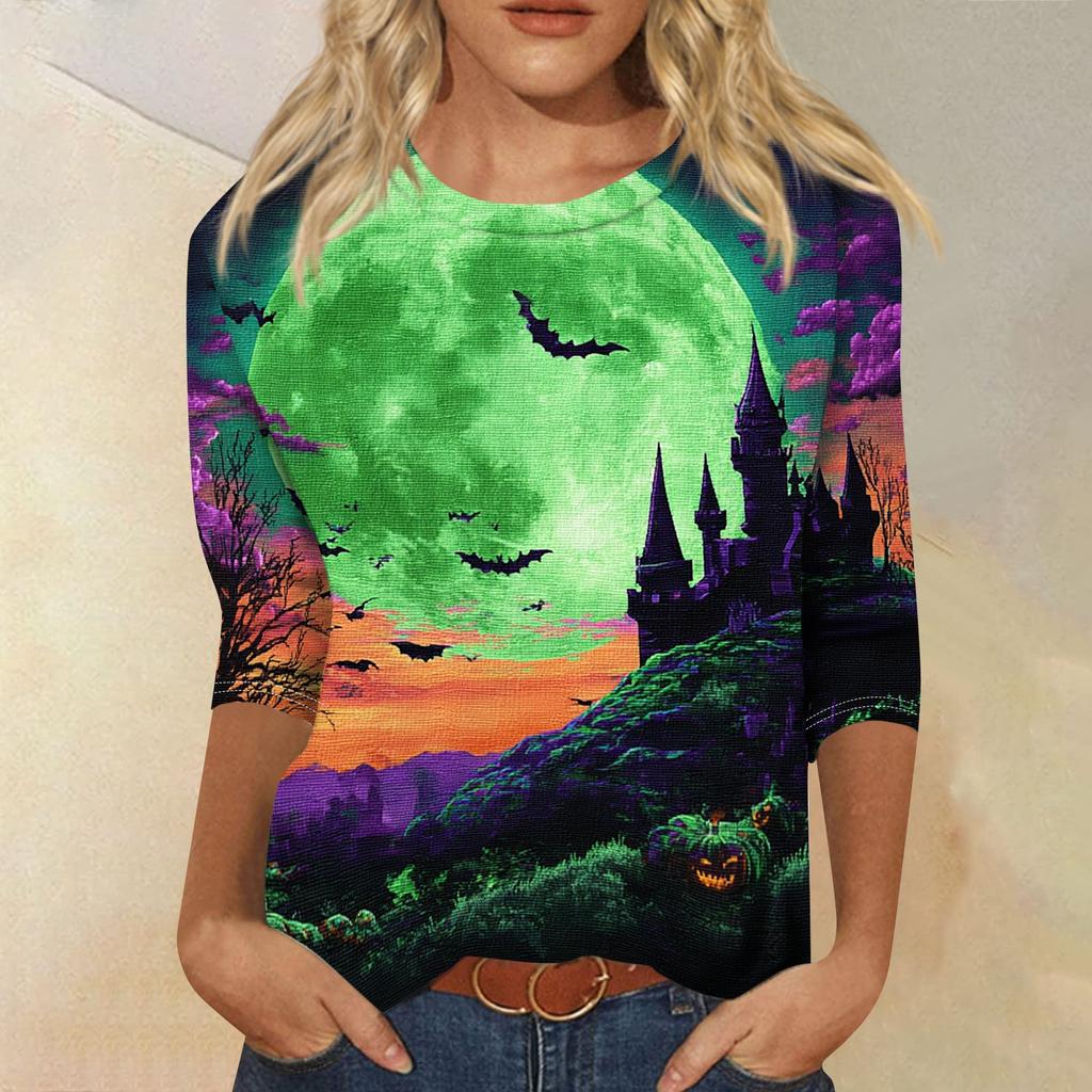 Women's Casual Halloween Print Round Neck Top Three Quarter Sleeve Lightweight Comfortable Street Style Shirt