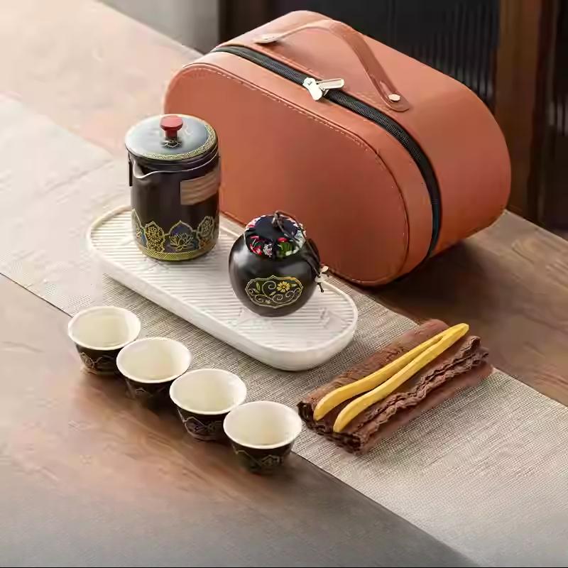 Outdoor Travel Tea Set Home One Pot Four Cups Portable Storage Bag Ceramic Quick Cup Brewing Teapot Tea Cups