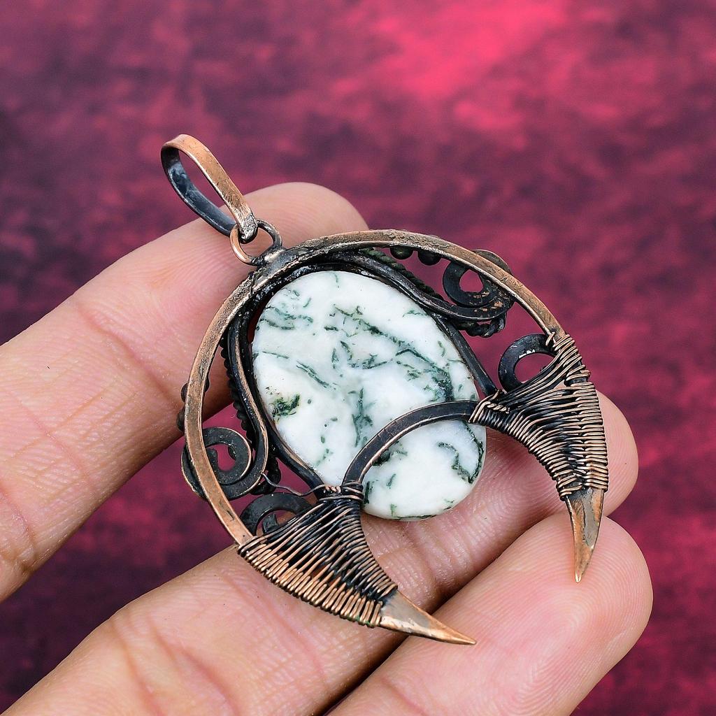 Tree Agate Gemstone Pendant Handmade Dainty Pendant Copper Wire Wrapped Jewelry