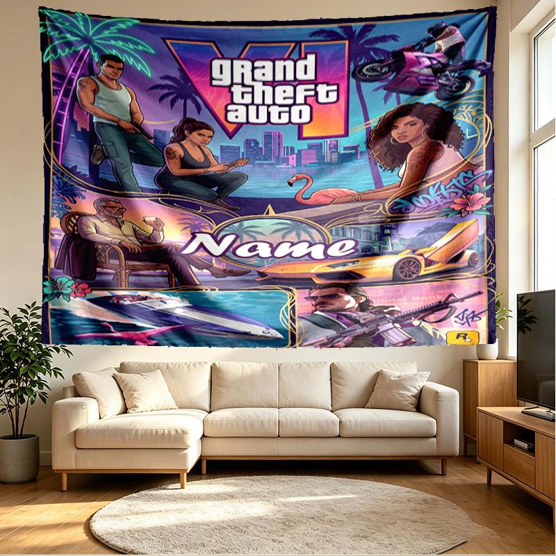 Custom Name Personalized Grand Theft Auto Print Tapestry, Wall Art Decor, Bedroom, Dorm, Apartment, LivingRoom, Party Backdrop, Gift for Birthday