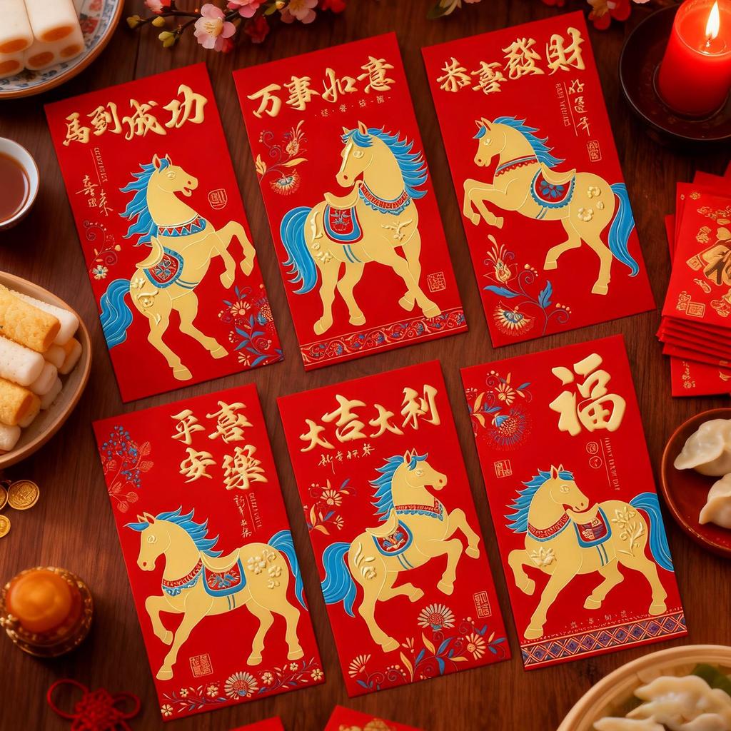 2026 Year Of The Horse Chinese Red Envelope 6 Pieces Cartoon Golden New Year Spring Festival Red Envelopes For Kids Boys Girls