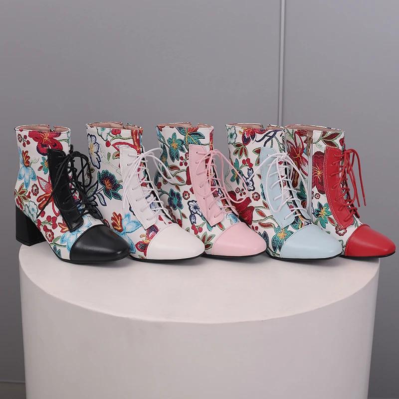 Sweet Women Ankle Boots Pink Red White Flower Print High Block Heels Casual Party British Lady Lace-up Winter Plush Short Boots