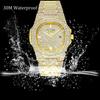 PINTIME Men's Diamond Watch Luxury Uni Silver Gold Iced Out Sparkling CZ Crystal Fashion Quartz Women's Wristwatch, Gold, Quartz Wristwatch.
