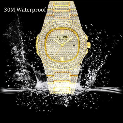 PINTIME Men's Diamond Watch Luxury Uni Silver Gold Iced Out Sparkling CZ Crystal Fashion Quartz Women's Wristwatch, Gold, Quartz Wristwatch.