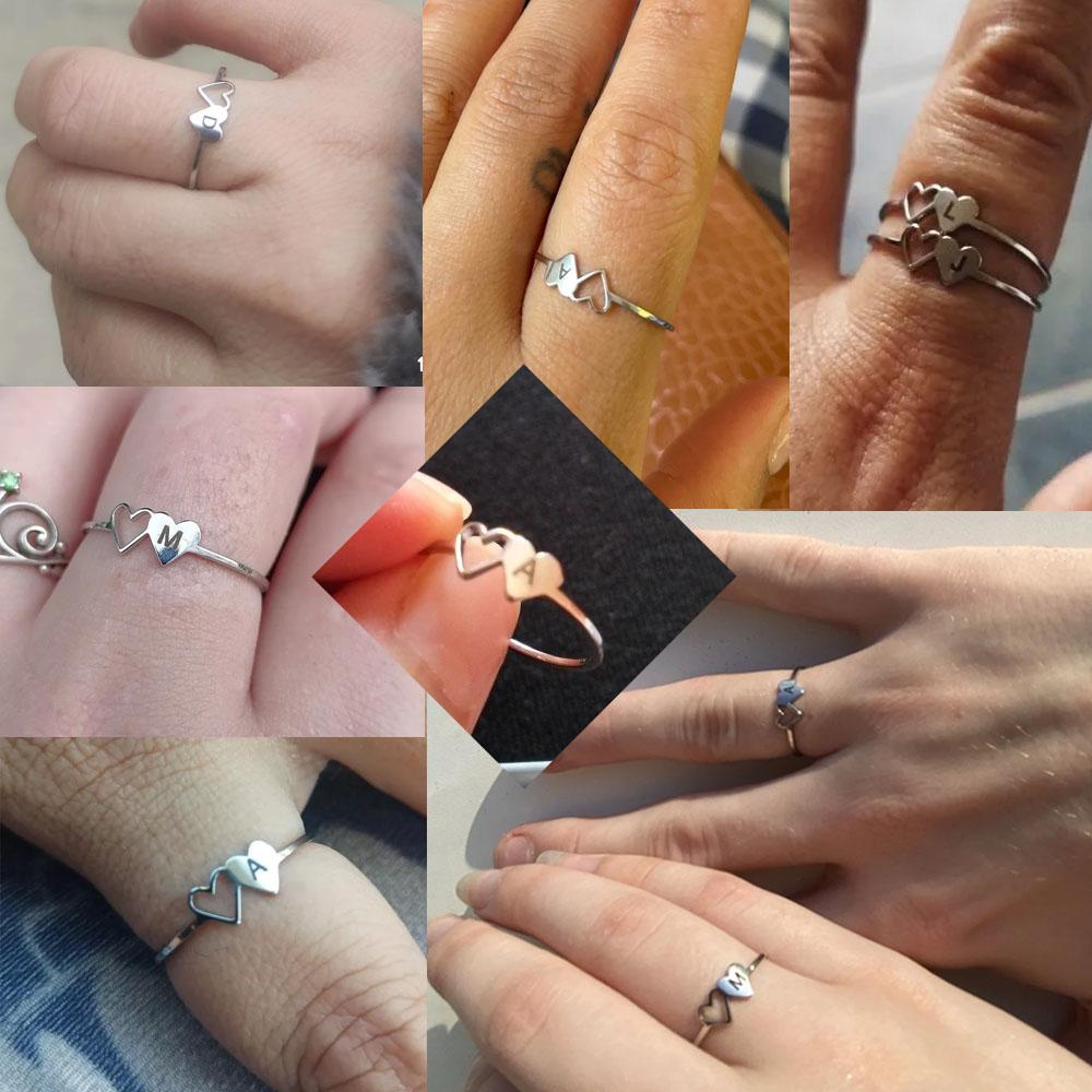 COOLTIME Initial Letter Ring for Women Stainless Steel A-Z Alphabet Double Heart Rings Simple Wedding Cheap Gift For Lover