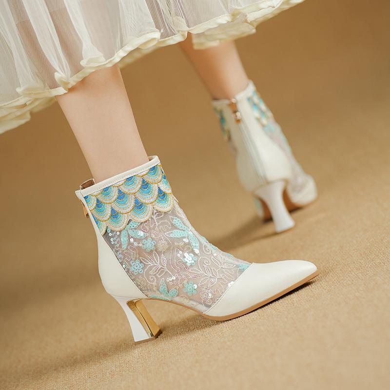 Krazing Pot Cow Skin Pointed Toe Summer Boots Fashion Air Mesh Bling Patch Appliques High Heels Embroidery Ankle Boots