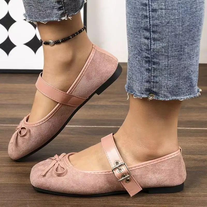 Large Size Flat Bottom Single Shoes for Women Butterfly Knot French Style Evening Mary Janes Square Head Casual Loafers