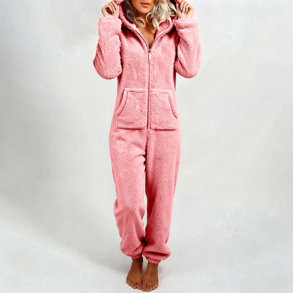 Women's Fashion Fleece-Lined Thickened Fleece Hooded Pyjamas With Zip-Up Onesie