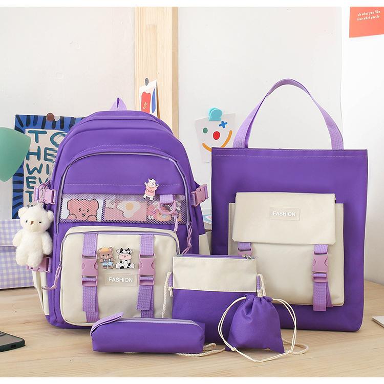 New five-piece schoolbag women's color matching large-capacity junior high school backpack middle school backpack