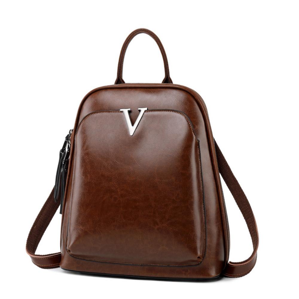 Leather Backpack Oil Wax Cowhide Backpack Women's Retro Schoolbag