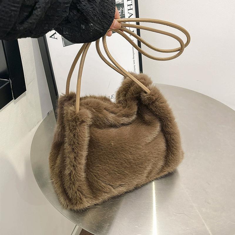 Women Fluffy Shoulder Bag Top-handle Bag Fashi Female Autumn Winter Handbag Soft Plush Versatile Shopping Tote