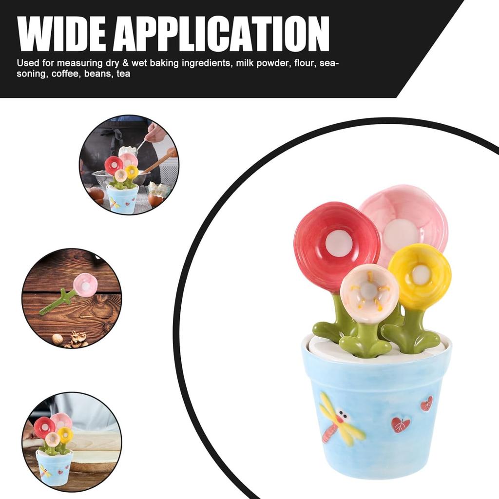 Kichvoe 1set Ceramic Flower Design Measuring Spoon with Base Cute Baking Gadget for Measuring Dry Wet Ingredients for Milk Powder