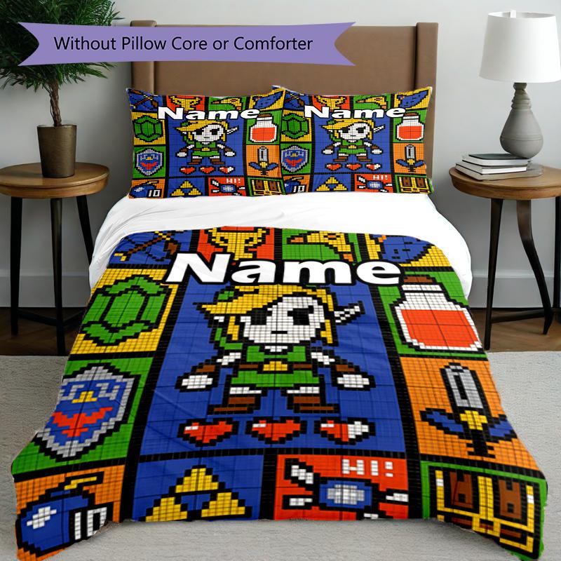 3pcs Duvet Cover Set (1*Duvet Cover + 2*Pillowcase, Without Core), Custom Name The Legend of Zelda Pattern Bedding Set, Home Bedroom Decor Gift