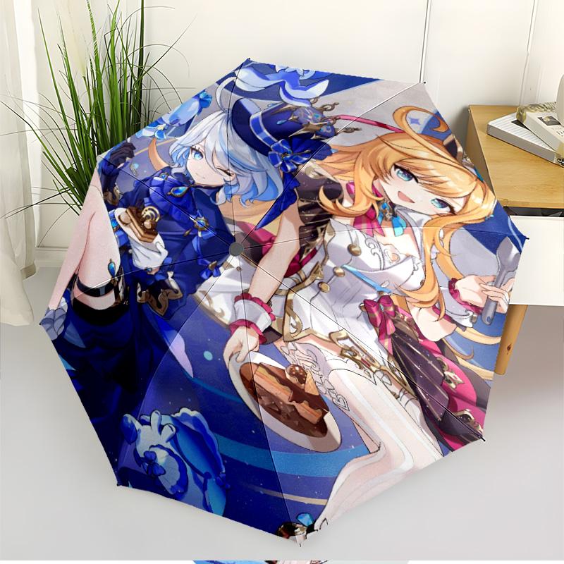 Genshin Impact Print Automatic Open Close Umbrella, Portable Foldable Umbrella, for Outdoor Commute Camping Trip, Ideal Birthday Gift
