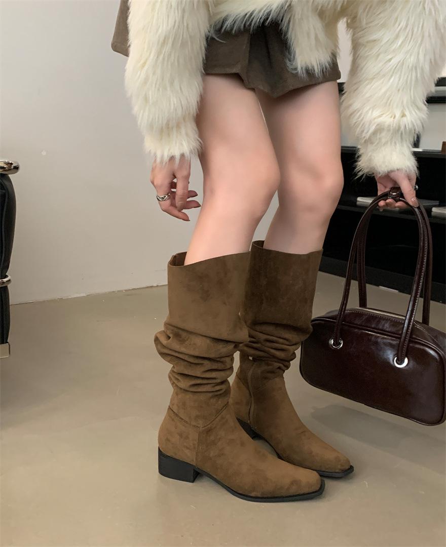 

2025 autumn and winter new fashion versatile suede boots thin boots Korean version women s boots thick heel high boots 39 верблюд