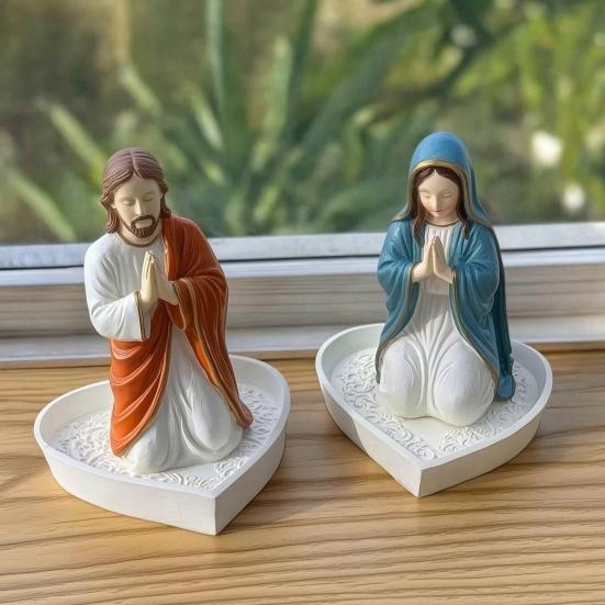 Catholic Rosary Holder Resin Prayer Rosary Stand Blessed Virgin Mary/Jesus Tabletop Jewelry Organizer Religious Gifts for Christian Home Decor