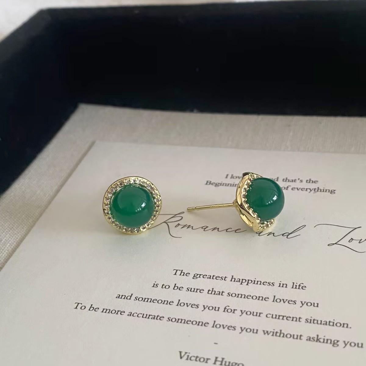 Elegant French Emerald Micro-Paved Stud Earrings - High-End Retro Style