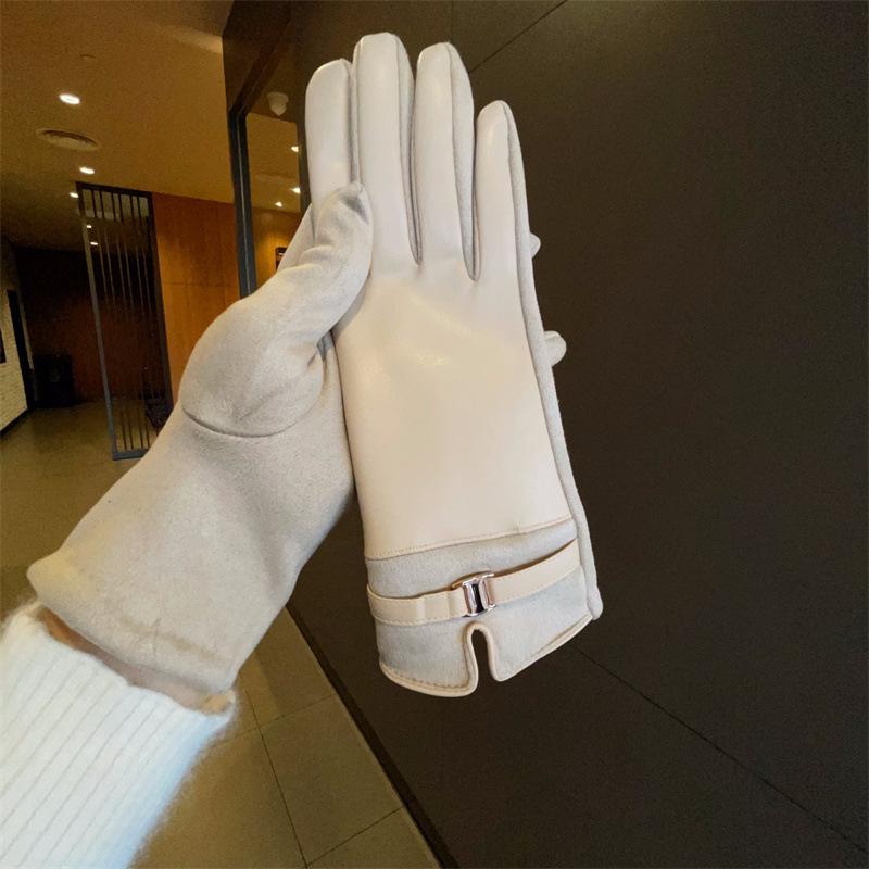 Women's Protein PU Leather Suede Touch Screen Compatible Fashion Commuting Thick Velvet Insulated Belt Buckle Riding Gloves