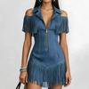 Woman Sexy Front Zipper Turn-Down Collar Mini Dress Spring Hollow Off Shoulder Tassel Party Dress Summer Denim Dress
