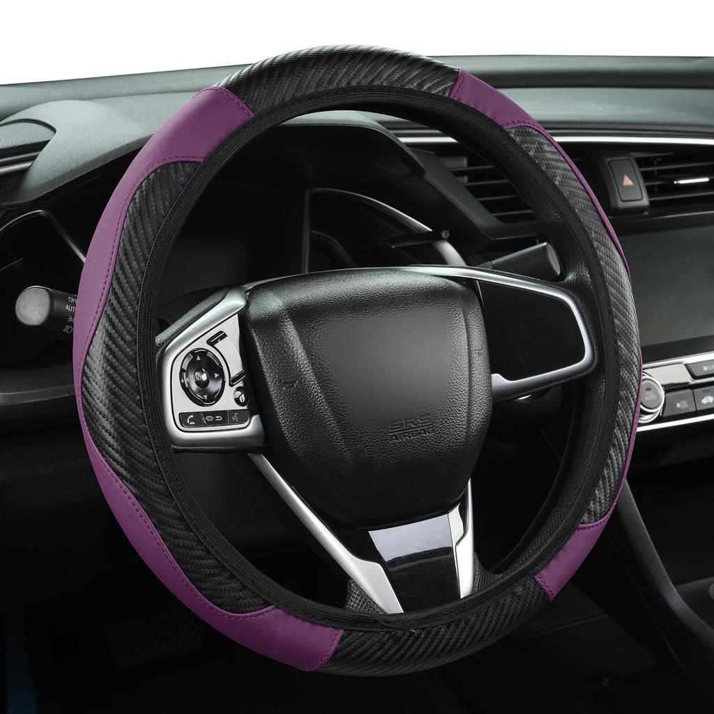 Women's Carbon Fiber Leather Steering Wheel Cover, Wear-Resistant and Comfortable Fit for 14.5-15 Inch Wheels
