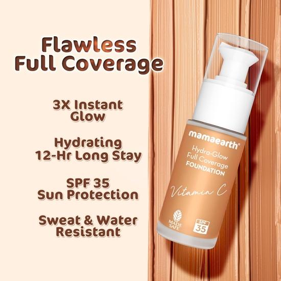 Mamaearth Hydra-Glow Full Coverage Dewy Finish tekutý make-up s vitamínem C a kurkumou - 30 ml | Plné krytí