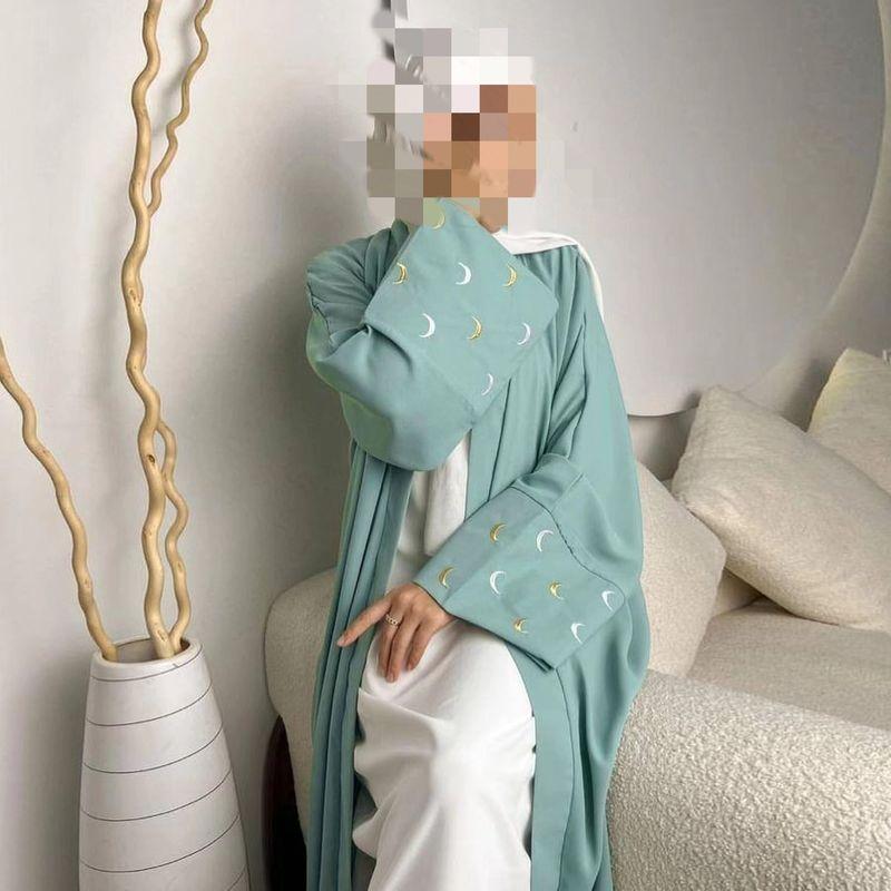 New Middle East Dubai Moon Embroidery Cardigan Elegant Robe Dress Moon Embroidered Dress