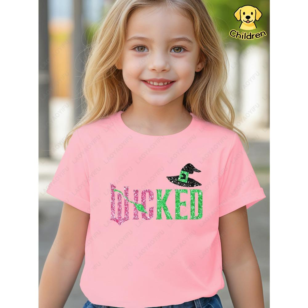 Girls' Wicked Musical-Inspired T-Shirt Cotton Red Short Sleeve Round Neck Tops Trendy Glittery Wicked & Elphaba Children's Shirt
