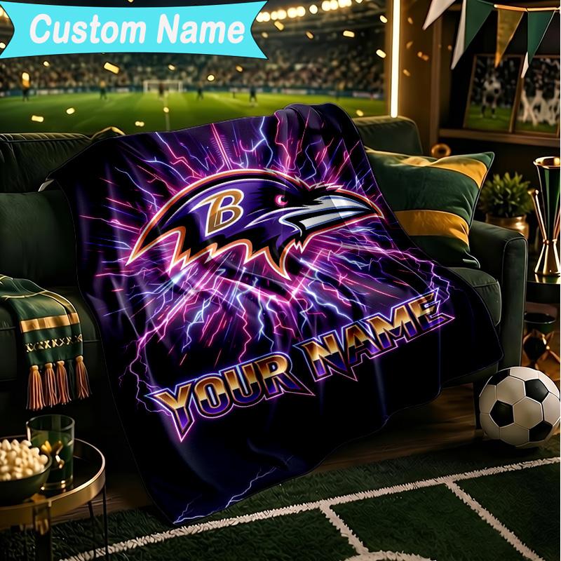 1PC Custom Name Blanket Ravens Team Spirit Flannel Blankets Patterns Throw Blanket All-Season Soft Gift for Couch, Bed, Camping, Birthday Gifts