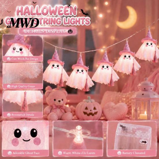 Spooky But Sweet Festival Props LED Ghost String Lights for Halloween Decorations, Cute Hanging Gauze Lamps Indoor Outdoor Decorations with Warm White