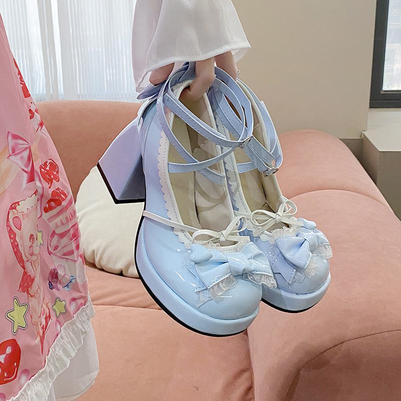 Modré boty na silné podrážce s tlustým podpatkem, sladké, roztomilé, japonské, soft girl, dětské látkové lolita vysoké podpatky, vodotěsné, s mašlí