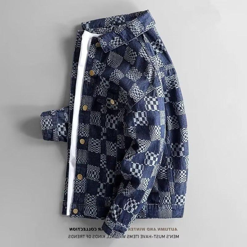 Men s Trendy Plaid Denim Jacket: Loose Casual Streetwear for Spring & Autumn M синий