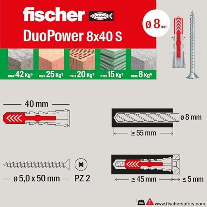 Vis avec cheville de plastique - FISCHER - Duo Power 8S - Deux composants - Boîte 50 pièces