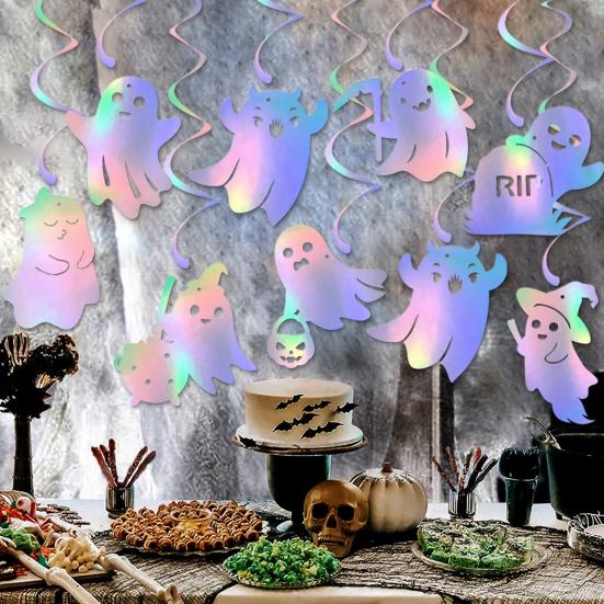 8 Stück Irisierende Geister Hänge-Wirbel Niedliche Glänzende Folien-Geisterwirbel Halloween Decken-Streamer für Halloween Party Dekoration