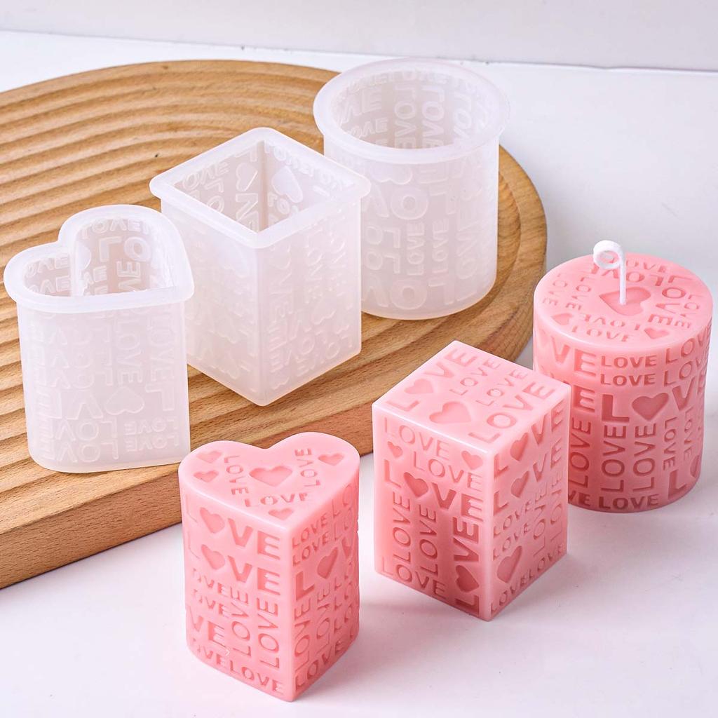 Embossed LOVE Letters Cylinder Cube Candle Mold DIY Valentine's Day Ornaments Making Heart Square Round Soap Craft Molds Home De