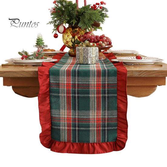 Elegant Ruffled Table Decor Retro Plaid Christmas Runner, Red Trim Decorative Mat, Classic Party Decoration & Green Holiday Mat for Dining,