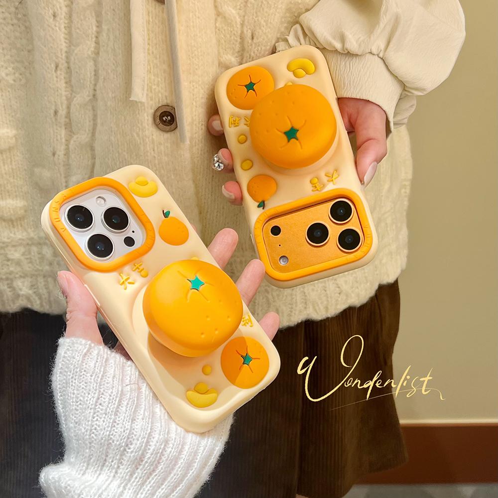 For iPhone 17 16 Plus 16e 15 14 13 12 Pro Max Funny 3D Fruit Orange Telescopic Bracket Case Soft Silicone Stand Holder Cover