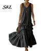 Women Dress Women's Sleeveless Summer Long Tank Dress, V Neck Tiered Layered Lotus Leaf Skirt Ruffle Maxi Casual Loose Flowy Beach Sundress