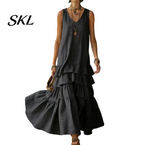 Women Dress Women's Sleeveless Summer Long Tank Dress, V Neck Tiered Layered Lotus Leaf Skirt Ruffle Maxi Casual Loose Flowy Beach Sundress