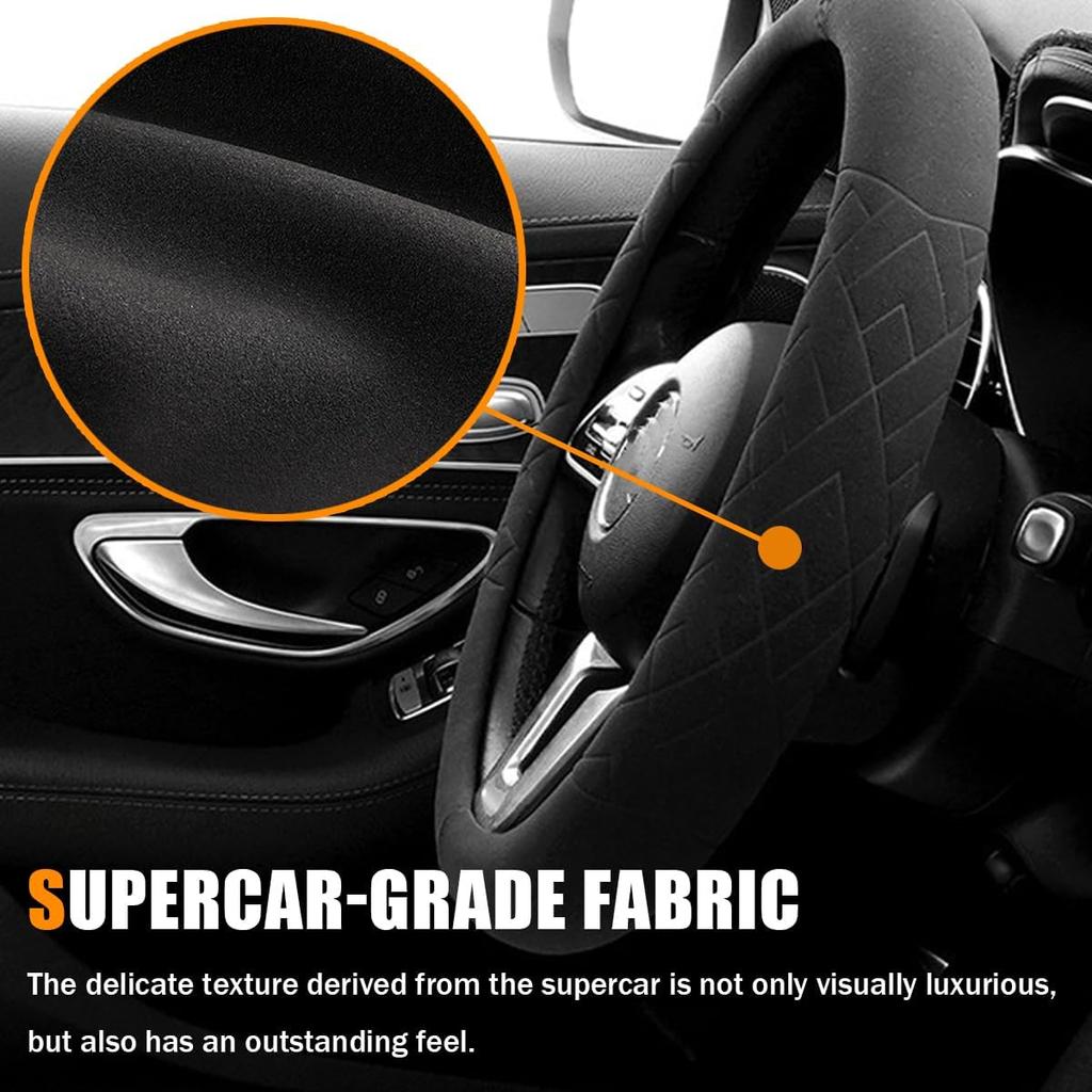 Car Suede Steering Wheel Cover, Non-Slip Protector for Auto Steering Wheel with Grid of The Correction Marker, Breathable Universal Automotive