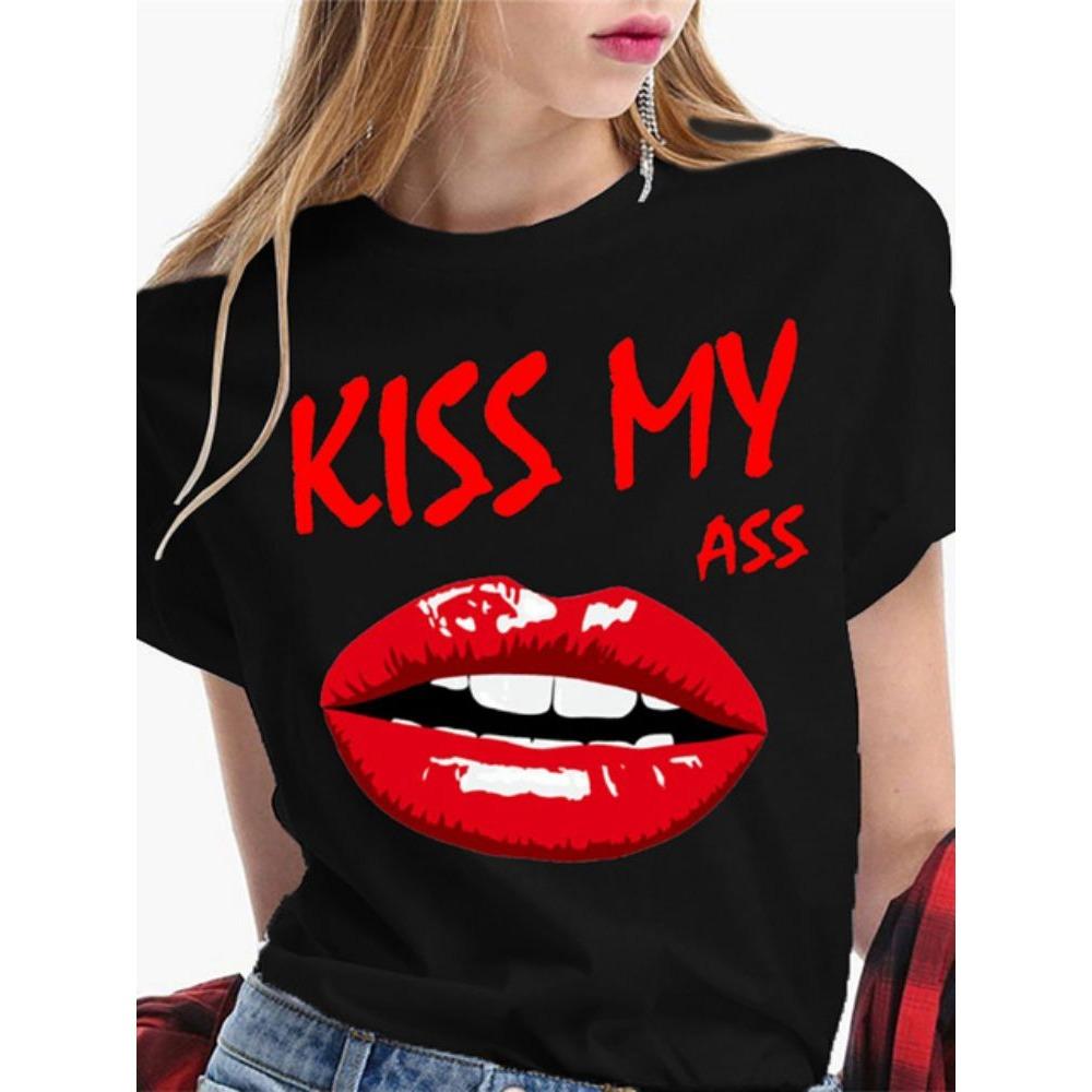 Fashion Sexy Red Lip Women T Shirt Funny Kiss Lips Print Ladies Casual Basis O-collar Short Sleeves Female Tops Tees