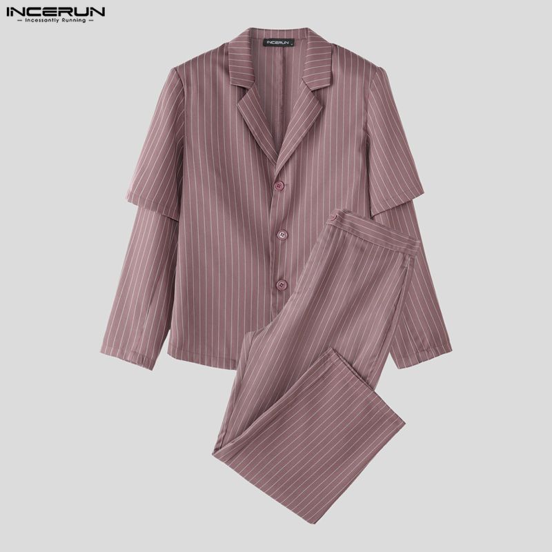 INCERUN Men Sets Layers Long Sleeve Striped Tops and Long Pants Casual Suits