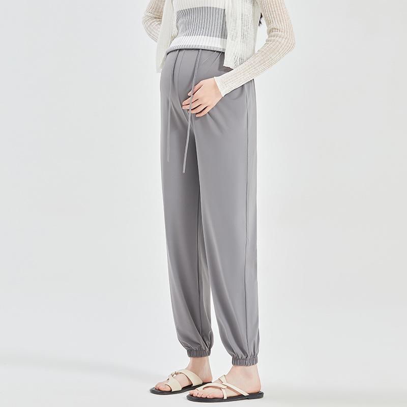 Summer Maternity Ice Silk Joggers - Quick-Dry, Lightweight, Cropped Sports Pants with Drawstring.